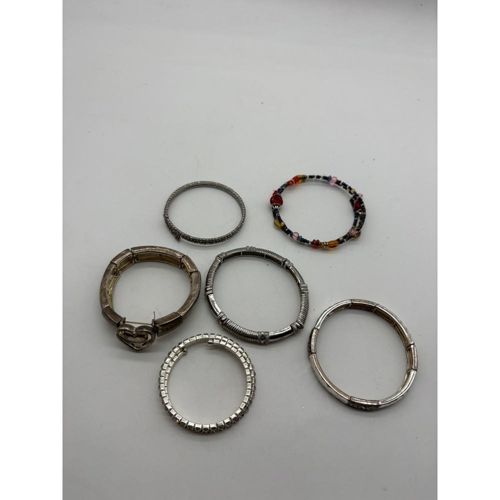 Mixed Silver Tone Stretch Bracelet Lot‎ Heart Rhinestone Beaded 6 Piece Set